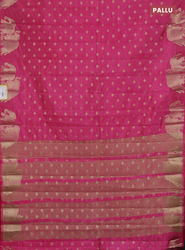 Semi raw silk saree pink with allover zari woven 1000 buttas and elephant design zari woven border