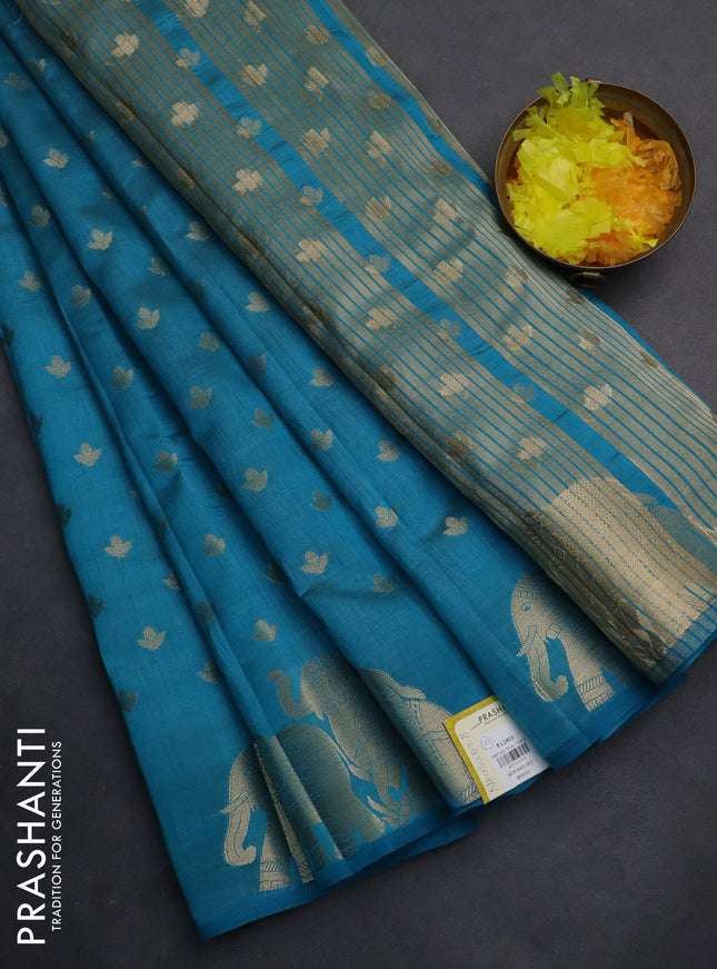 Semi raw silk saree cs blue with allover zari woven 1000 buttas and elephant design zari woven border