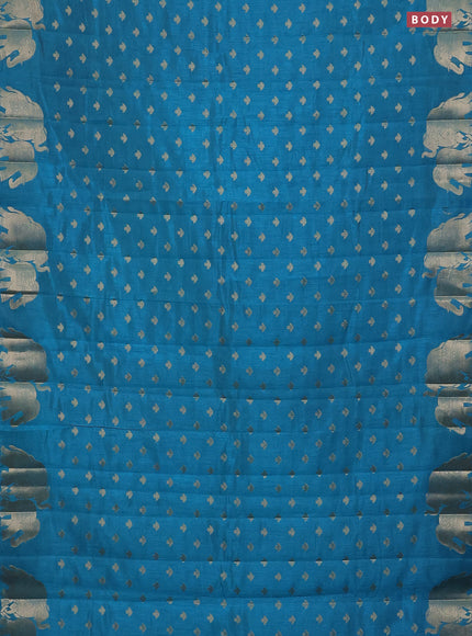 Semi raw silk saree cs blue with allover zari woven 1000 buttas and elephant design zari woven border
