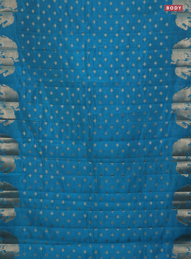 Semi raw silk saree cs blue with allover zari woven 1000 buttas and elephant design zari woven border