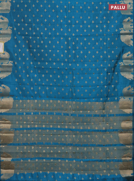 Semi raw silk saree cs blue with allover zari woven 1000 buttas and elephant design zari woven border