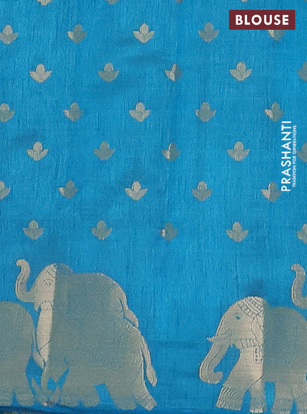 Semi raw silk saree cs blue with allover zari woven 1000 buttas and elephant design zari woven border