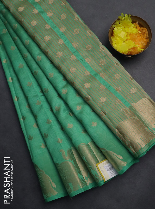 Semi raw silk saree pastel green with allover zari woven 1000 buttas and elephant design zari woven border
