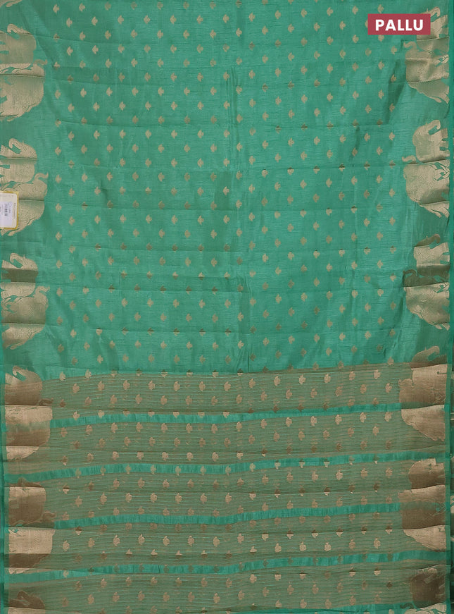Semi raw silk saree pastel green with allover zari woven 1000 buttas and elephant design zari woven border