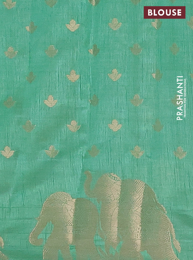 Semi raw silk saree pastel green with allover zari woven 1000 buttas and elephant design zari woven border