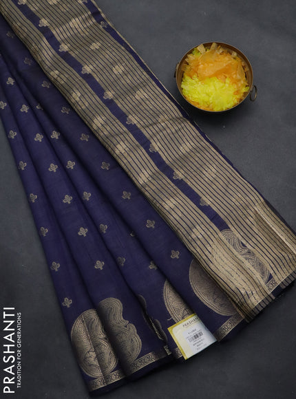 Semi raw silk saree navy blue with allover zari woven 1000 buttas and paisley zari woven butta border