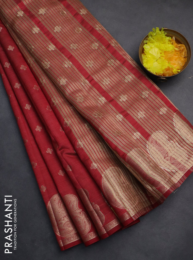 Semi raw silk saree maroon with allover zari woven 1000 buttas and paisley zari woven butta border