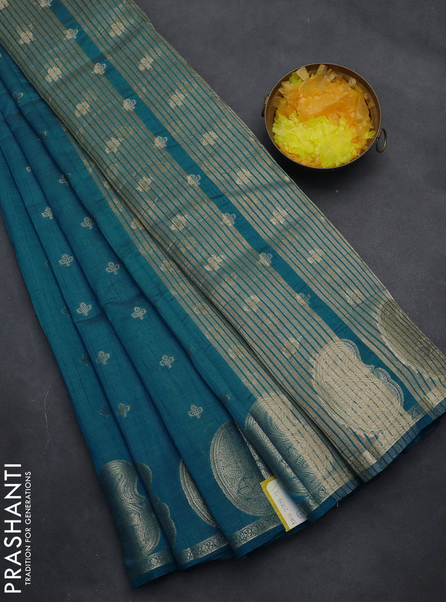 Semi raw silk saree cs blue with allover zari woven 1000 buttas and paisley zari woven butta border