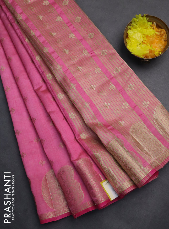 Semi raw silk saree pink with allover zari woven 1000 buttas and paisley zari woven butta border