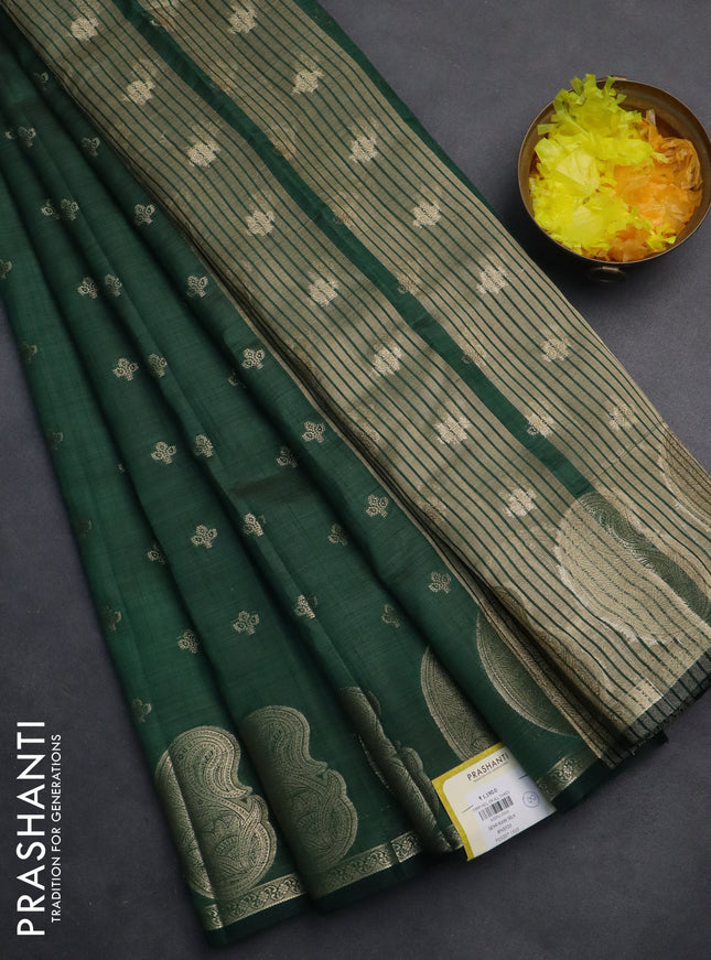 Semi raw silk saree dark green with allover zari woven 1000 buttas and paisley zari woven butta border
