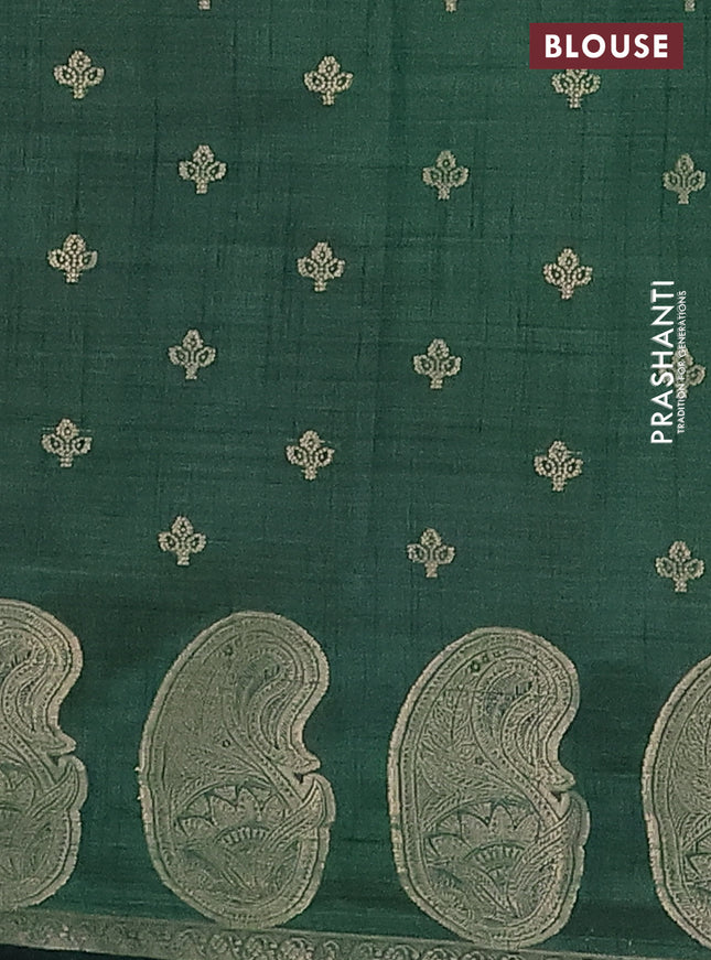 Semi raw silk saree dark green with allover zari woven 1000 buttas and paisley zari woven butta border