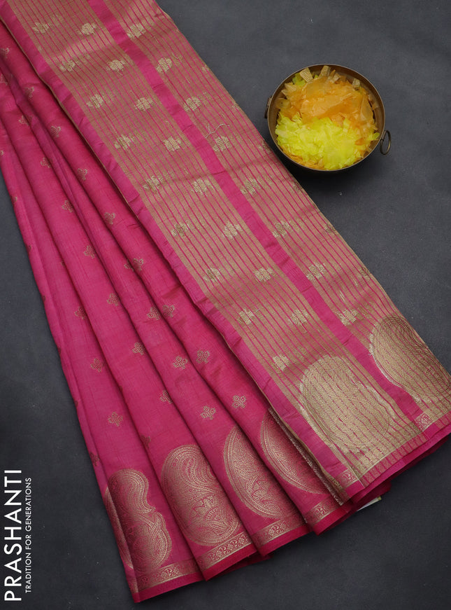 Semi raw silk saree pink with allover zari woven 1000 buttas and paisley zari woven butta border
