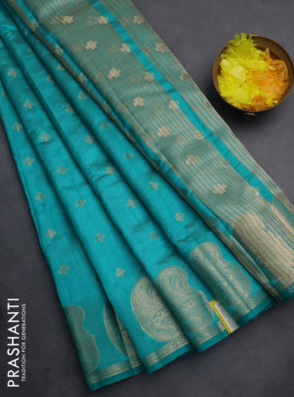 Semi raw silk saree teal blue with allover zari woven 1000 buttas and paisley zari woven butta border