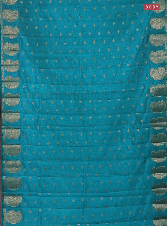 Semi raw silk saree teal blue with allover zari woven 1000 buttas and paisley zari woven butta border