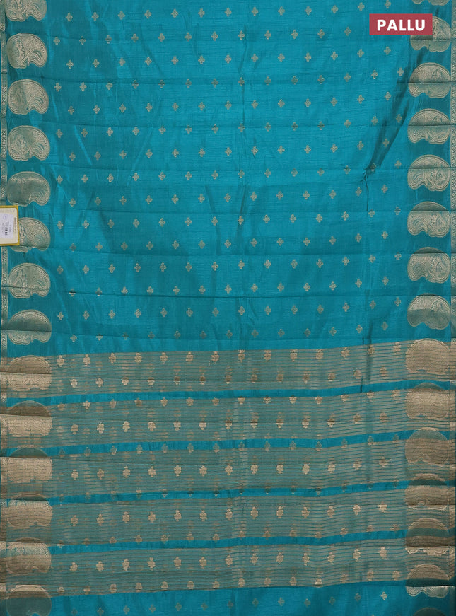 Semi raw silk saree teal blue with allover zari woven 1000 buttas and paisley zari woven butta border