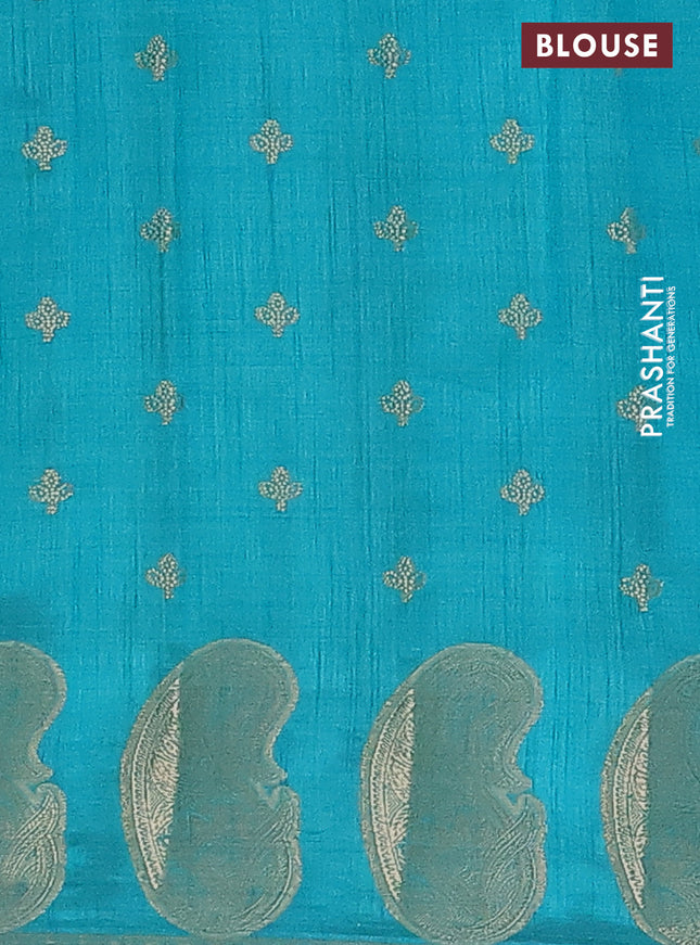 Semi raw silk saree teal blue with allover zari woven 1000 buttas and paisley zari woven butta border
