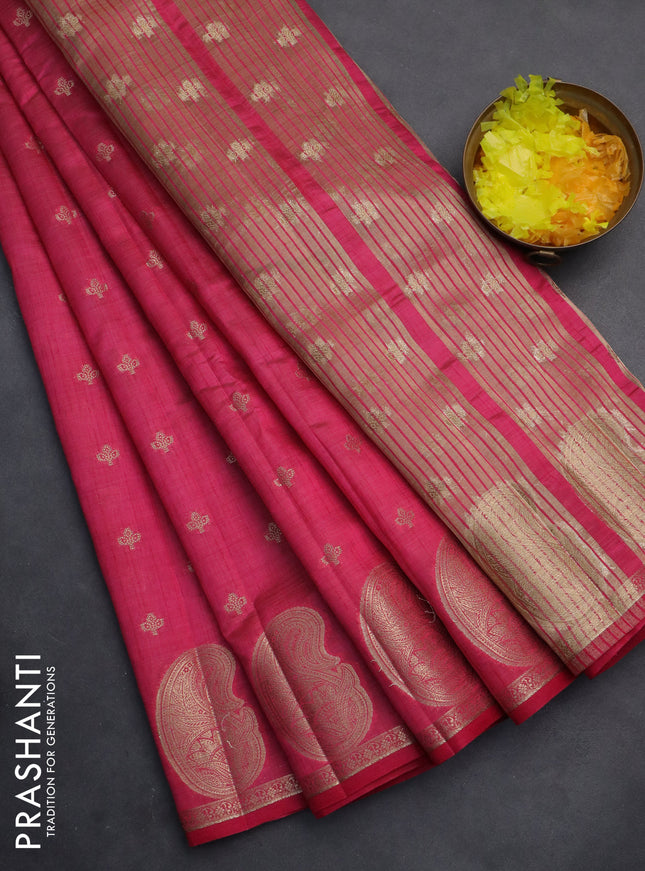 Semi raw silk saree pink with allover zari woven 1000 buttas and paisley zari woven butta border