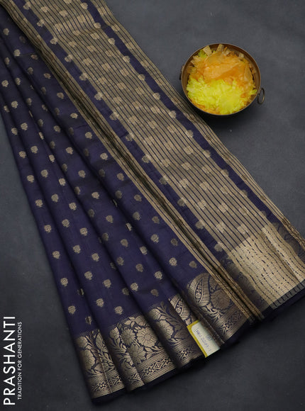 Semi raw silk saree navy blue with allover zari woven 1000 buttas and zari woven border