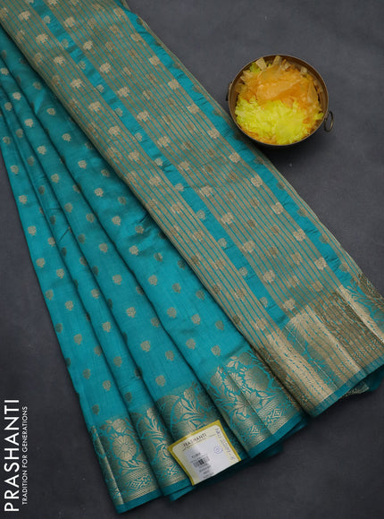 Semi raw silk saree teal blue with allover zari woven 1000 buttas and zari woven border