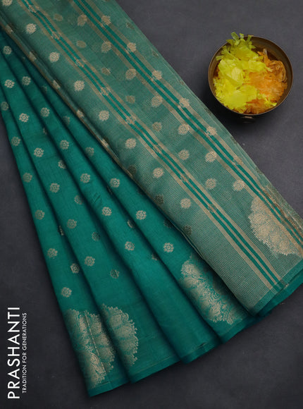 Semi raw silk saree teal blue with allover zari woven floral design 1000 buttas and zari woven butta border