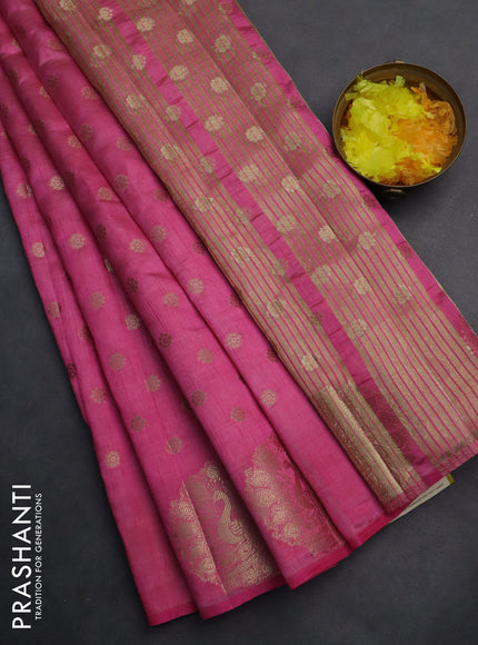Semi raw silk saree pink with allover zari woven floral design 1000 buttas and zari woven butta border