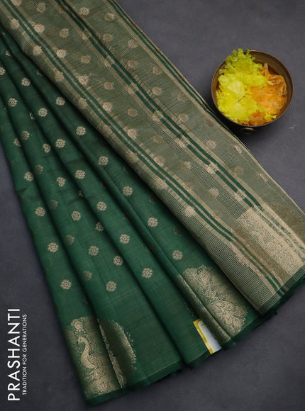 Semi raw silk saree dark green with allover zari woven floral design 1000 buttas and zari woven butta border