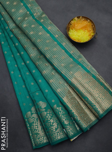 Semi raw silk saree teal blue with allover zari woven floral design 1000 buttas and rich zari woven border