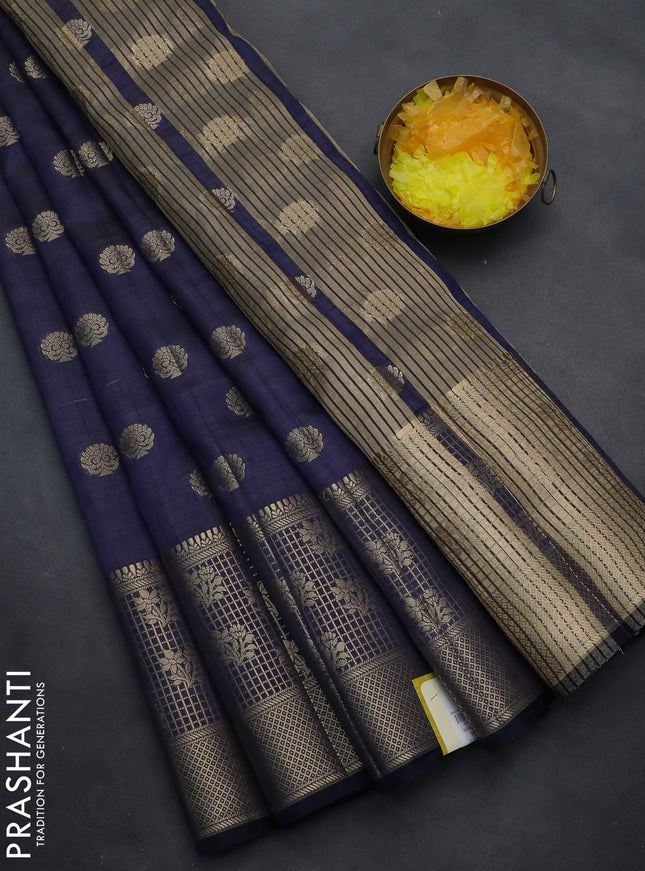 Semi raw silk saree navy blue with allover zari woven 1000 buttas and long zari woven border