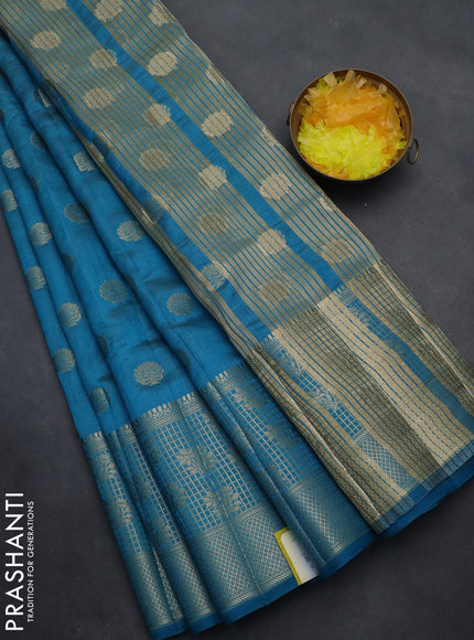 Semi raw silk saree cs blue with allover zari woven 1000 buttas and long zari woven border