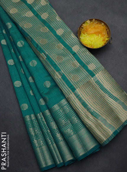 Semi raw silk saree teal blue with allover zari woven 1000 buttas and long zari woven border