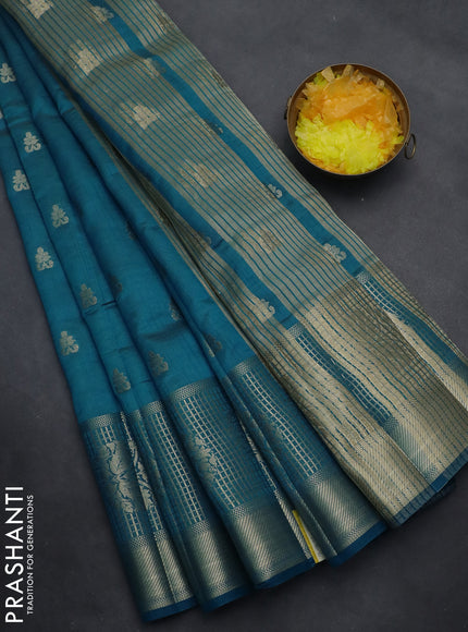 Semi raw silk saree cs blue with allover zari woven 1000 buttas and long zari woven border