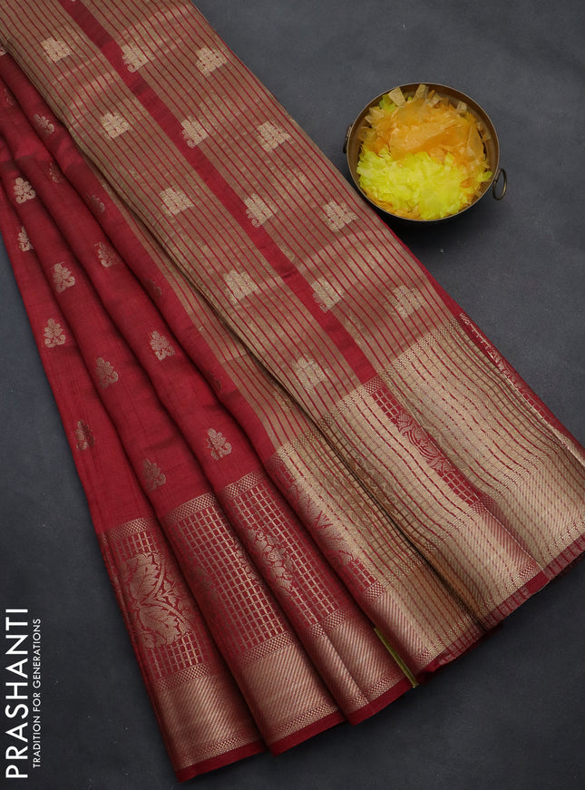 Semi raw silk saree maroon with allover zari woven 1000 buttas and long zari woven border