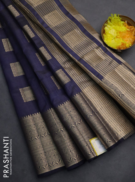 Semi raw silk saree navy blue with zari woven box type buttas and long zari woven border