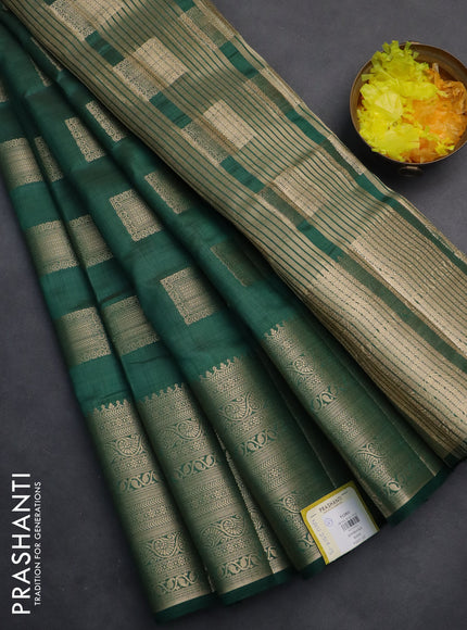 Semi raw silk saree dark green with zari woven box type buttas and long zari woven border