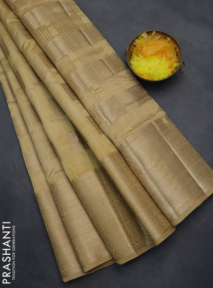 Semi raw silk saree sandal with zari woven box type buttas and long zari woven border