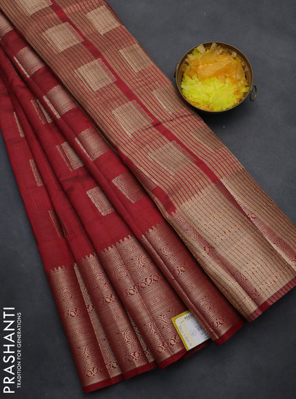 Semi raw silk saree maroon with zari woven box type buttas and long zari woven border