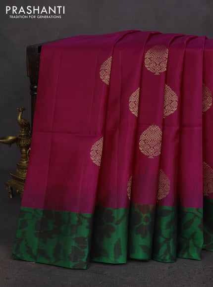 Ikat soft silk saree dark pink and green with zari woven buttas and ikat style border