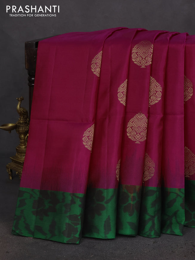 Ikat soft silk saree dark pink and green with zari woven buttas and ikat style border