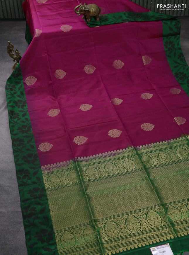 Ikat soft silk saree dark pink and green with zari woven buttas and ikat style border