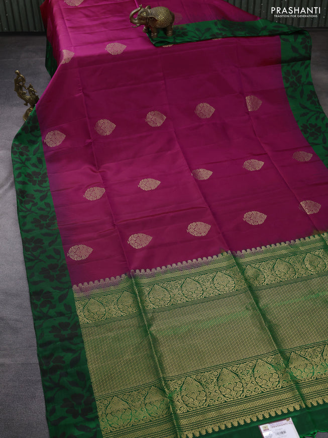 Ikat soft silk saree dark pink and green with zari woven buttas and ikat style border
