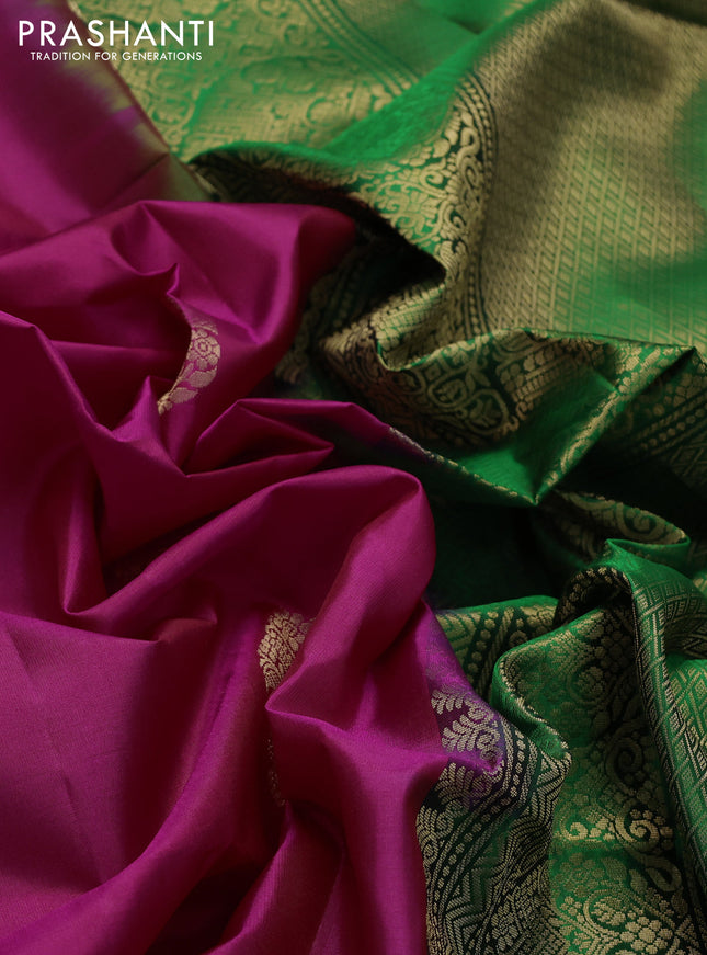 Ikat soft silk saree dark pink and green with zari woven buttas and ikat style border