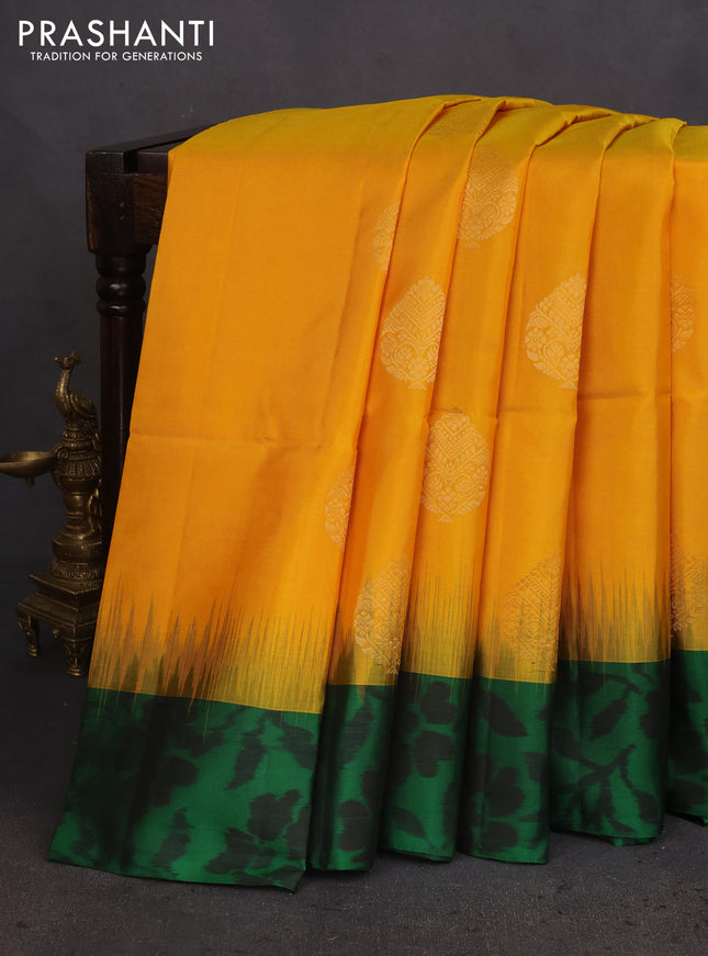 Ikat soft silk saree mango yellow and green with allover zari woven buttas and ikat style border