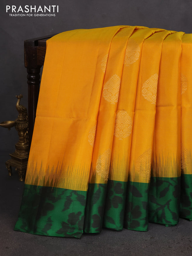 Ikat soft silk saree mango yellow and green with allover zari woven buttas and ikat style border