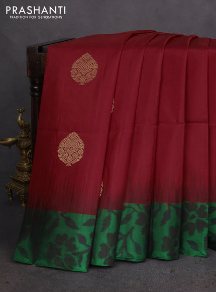 Ikat soft silk saree red and green with allover zari woven buttas and ikat style border