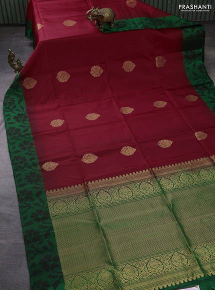 Ikat soft silk saree red and green with allover zari woven buttas and ikat style border