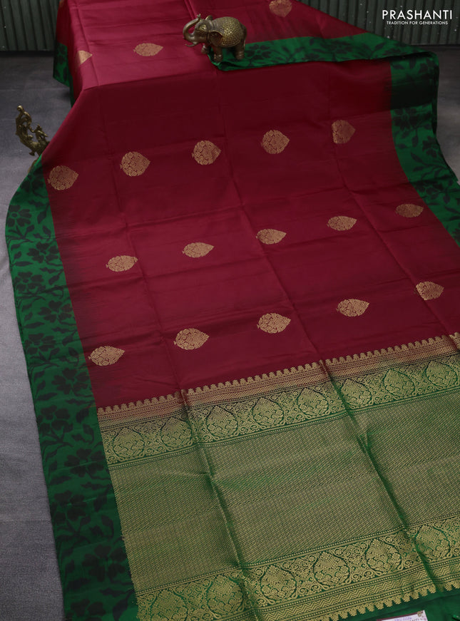 Ikat soft silk saree red and green with allover zari woven buttas and ikat style border