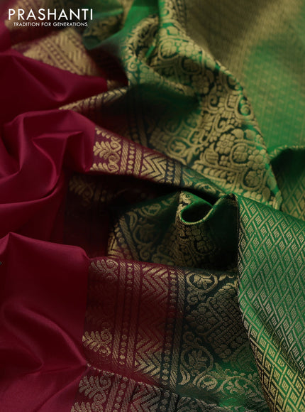 Ikat soft silk saree red and green with allover zari woven buttas and ikat style border