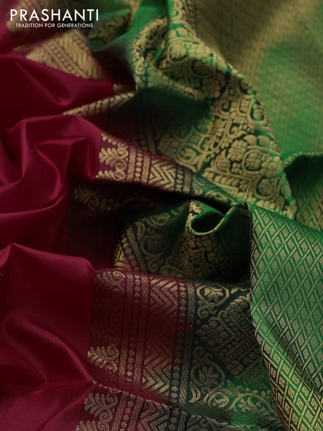 Ikat soft silk saree red and green with allover zari woven buttas and ikat style border
