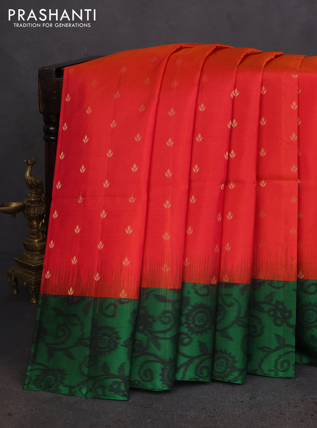 Ikat soft silk saree dual shade of pinkish orange and green with allover zari woven buttas and ikat style border