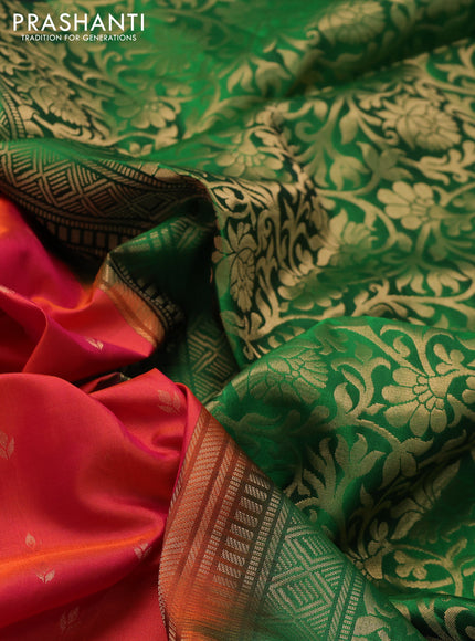 Ikat soft silk saree dual shade of pinkish orange and green with allover zari woven buttas and ikat style border
